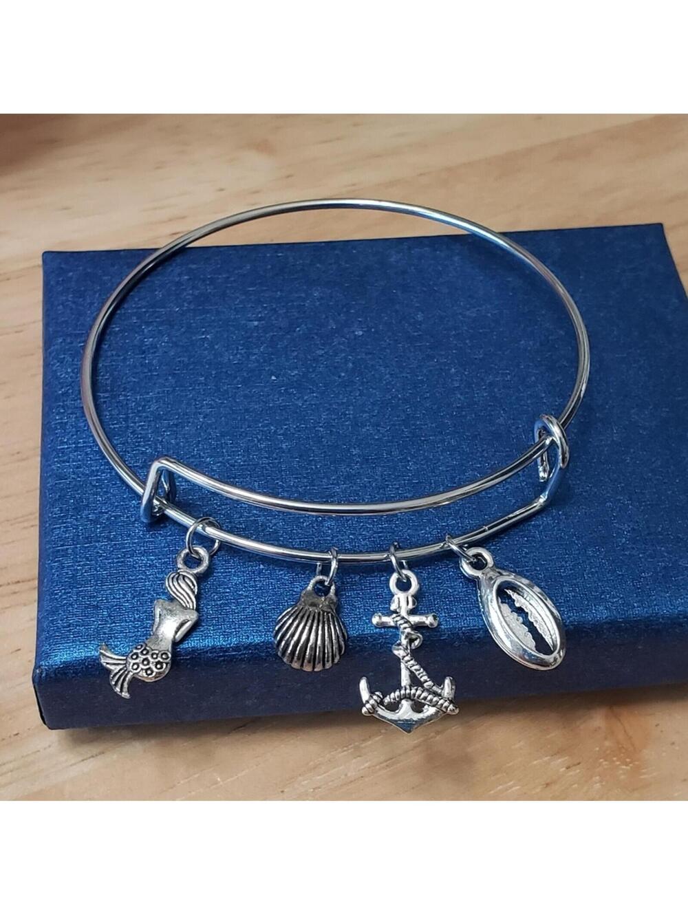 Expandable Silver Charm Bangle Bracelet